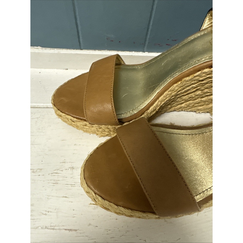 Coach Women's Size 8.5 Tan Leather Espadrille Straw Wedge Platform - Picture 2 of 11